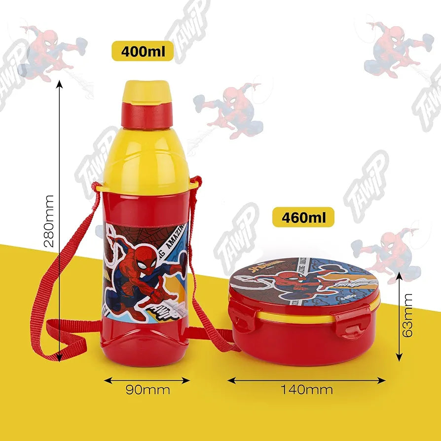 CELLO Tiffy Spiderman Gift Set Insulated Lunch Box & Water Bottle for Kids | Tiffin Box 460 ml, Water Bottle 400 ml, Red & Yellow | Leak Proof | Easy to Clean | Ideal for School, Picnic